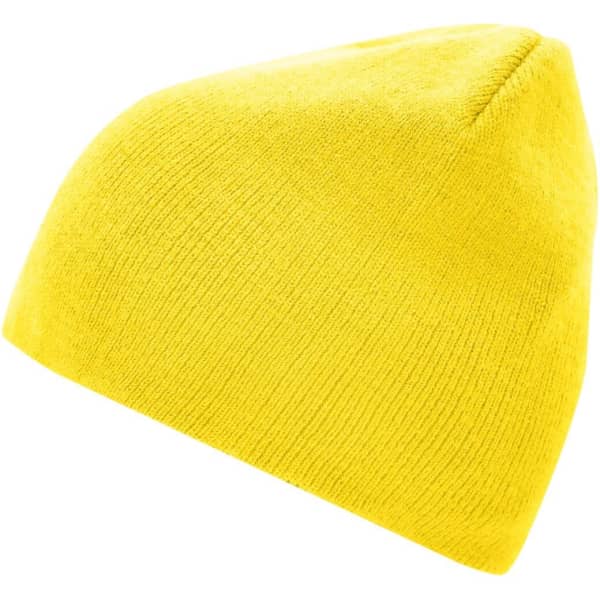 A yellow beanie with a fitted design, featuring a simple knitted texture and no embellishments.