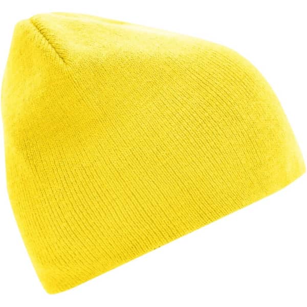 A yellow beanie with a soft texture and fitted design. It features a branding logo.