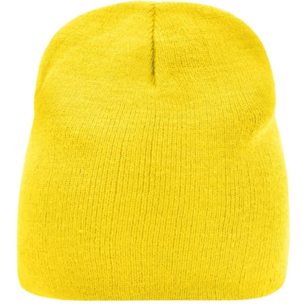 A yellow beanie with a soft, knit texture and a rounded top, featuring a logo on the exterior.