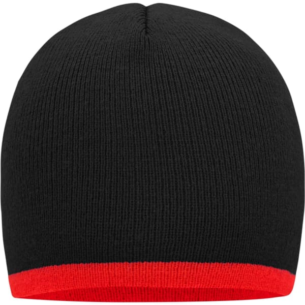 A black beanie with a red contrast edge and a ribbed texture. It features a logo on its side.