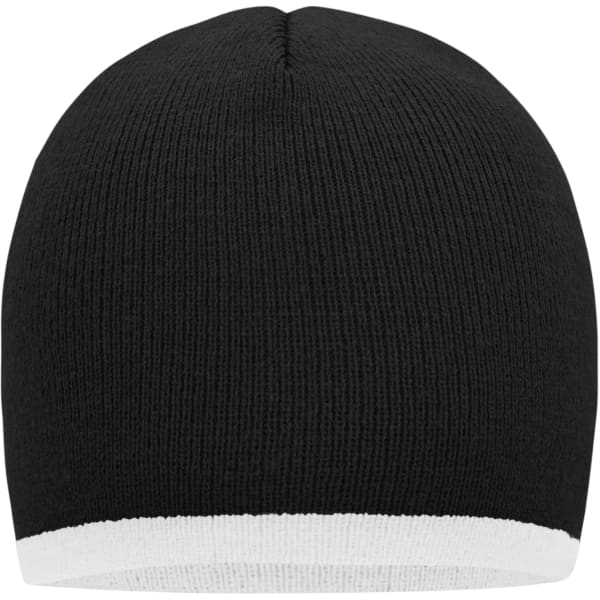 A black beanie with a contrasting white edge, featuring a simple, knitted design. Contains a logo on the inside.
