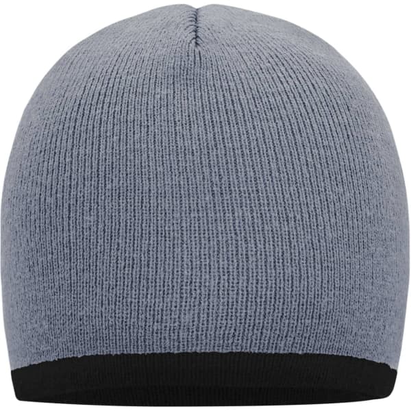 A beanie featuring a grey body with a black contrast edge and a simple, textured design.