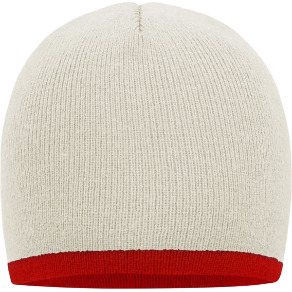 A beanie in cream with a red contrast edge, featuring a fitted design and a simple knitted texture.