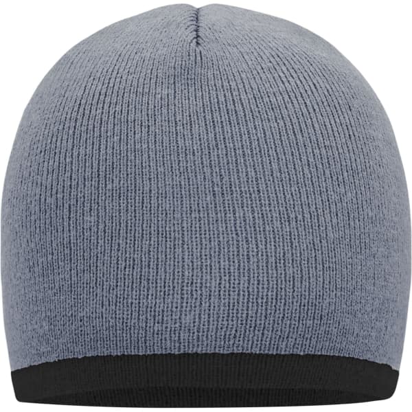 A grey beanie with a black contrast edge, featuring a simple, textured pattern and rounded top.