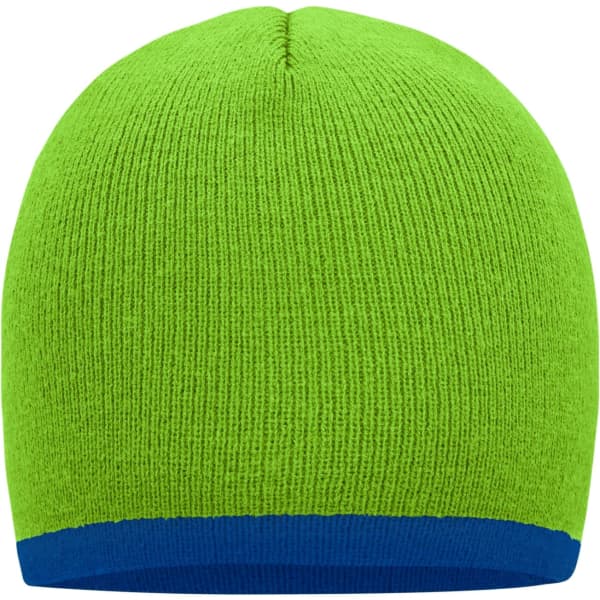 A green beanie with a blue contrast edge. Features a textured knit design and has a logo.