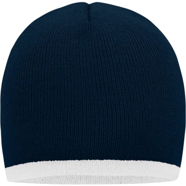 A navy beanie with a white contrast edge, featuring a fitted ribbed design and a logo.