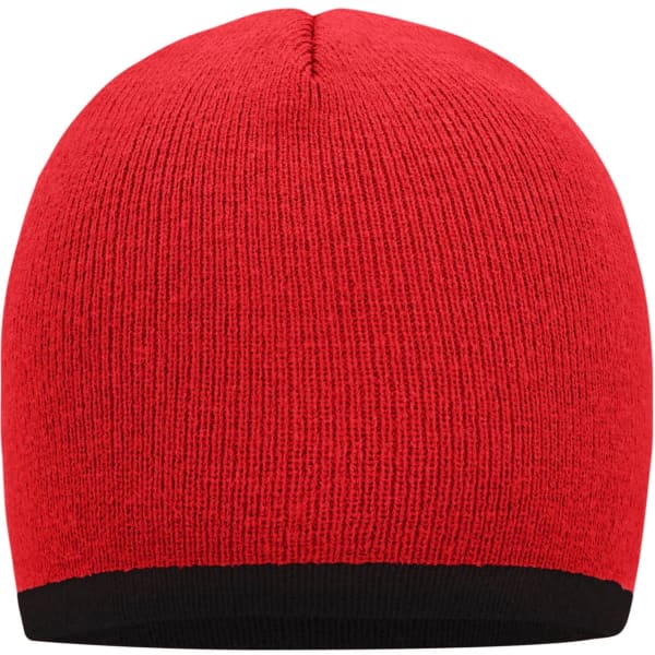 A red beanie with a black contrast edge, featuring a knitted texture and a rounded top.