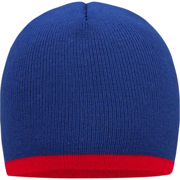 A blue beanie with a red contrast edge and a snug fit, featuring a branded logo.