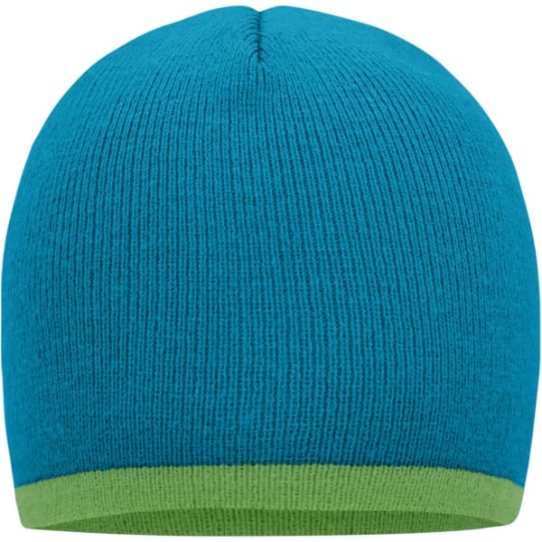 A beanie in vibrant blue with a contrasting green edge, featuring a snug, ribbed design and no visible logos.
