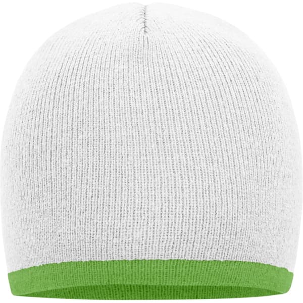 A grey beanie with a green contrast edge, featuring a ribbed texture and a logo.