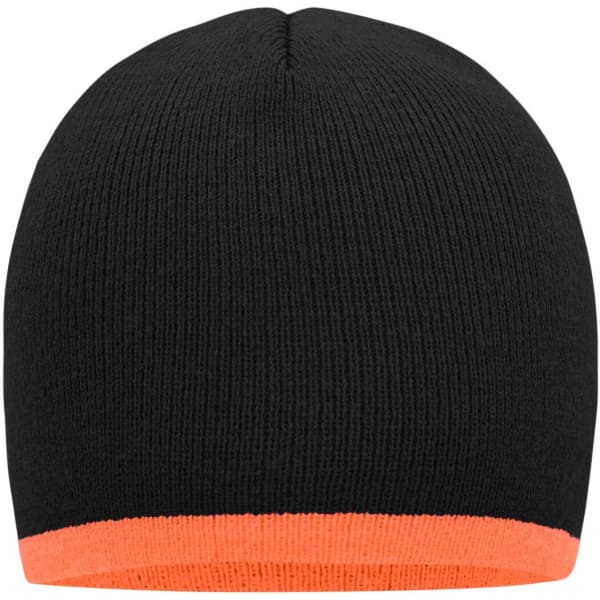 A beanie in black with a contrasting orange edge, featuring a simple, knitted design and no visible branding.
