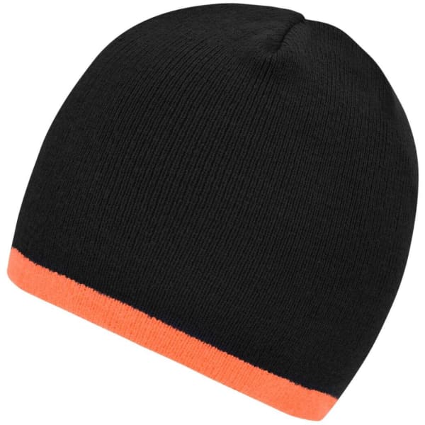 A black beanie with a contrasting orange edge, featuring a ribbed texture and a brand logo.