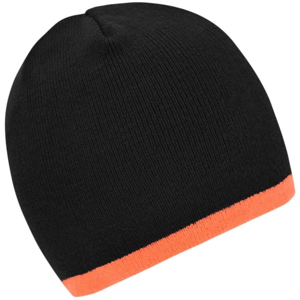 A black beanie with a contrast orange edge and a branding logo.