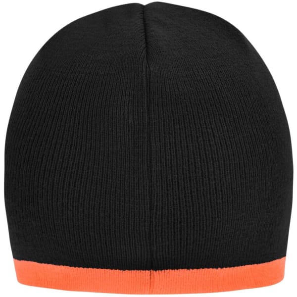 A black beanie with a contrast orange edge, featuring a ribbed texture and no visible logos.