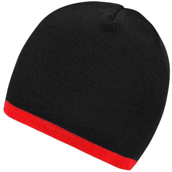 A black beanie with a red contrast edge, featuring a snug fit and ribbed texture. It has a logo on the side.