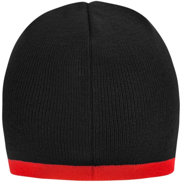A black beanie with a contrasting red edge, featuring a plain design and no visible logos.