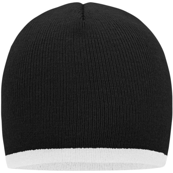 A black beanie with a white contrast edge, displayed against a plain background. Features a logo.