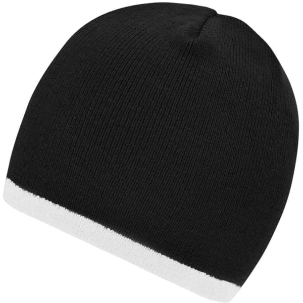 A black beanie with a white contrast edge and a snug fit. Includes a small logo on the side.