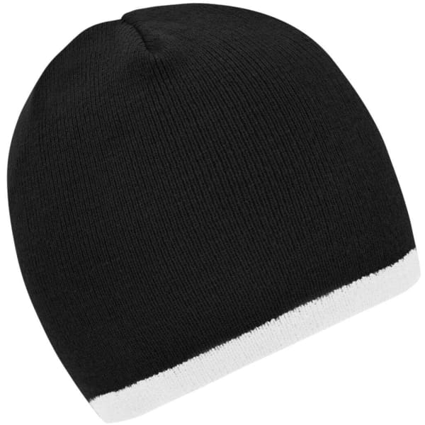 A beanie in black with a white contrast edge, featuring a simple knitted design and a logo on the side.