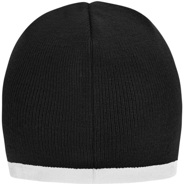 A black beanie with a contrast white edge, featuring a fitted knit design and a logo on one side.
