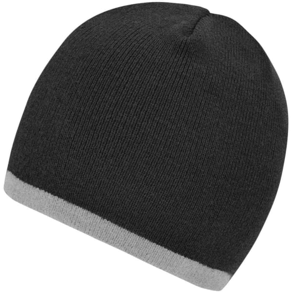A beanie in black with a grey contrast edge. The beanie has a ribbed texture and a rounded top.