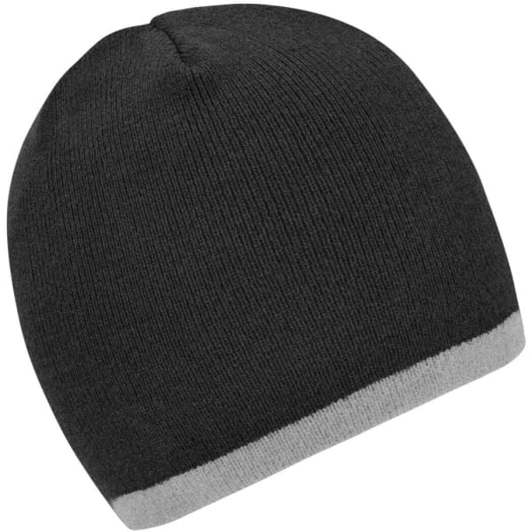 A beanie featuring a black design with a contrasting grey edge, made from a soft knitted material and includes a logo.