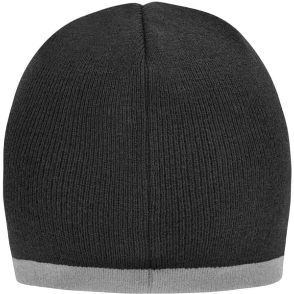 A beanie with a black body and a grey contrast edge, featuring a circular top. It has a logo on it.