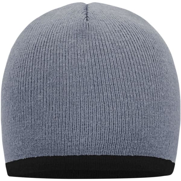 A beanie featuring a grey body and a black contrast edge, with a ribbed texture. It has a logo on the side.