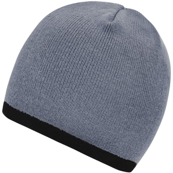 A grey beanie with a contrasting black edge. The beanie has a simple, fitted design.