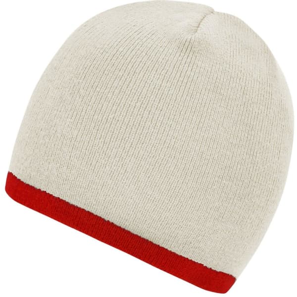 A beanie featuring a cream body and a contrasting red edge, with a branding logo present.