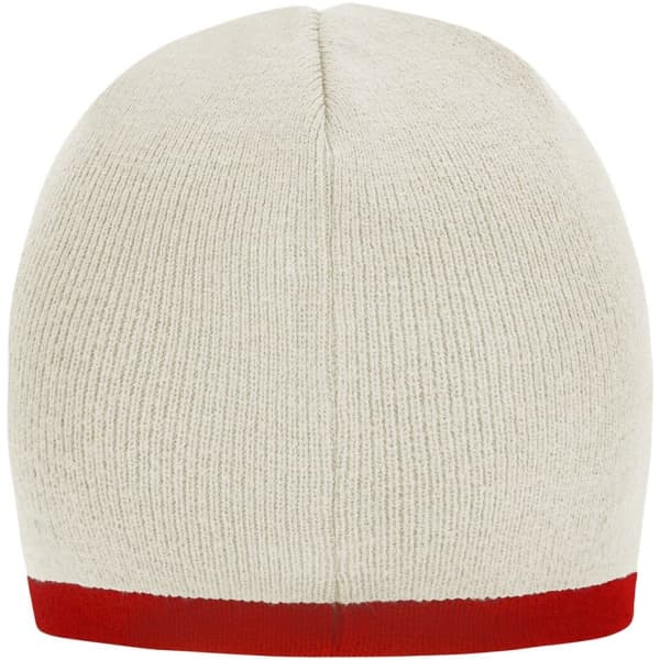 A beanie with a cream body and a contrasting red edge, featuring a logo on the side.