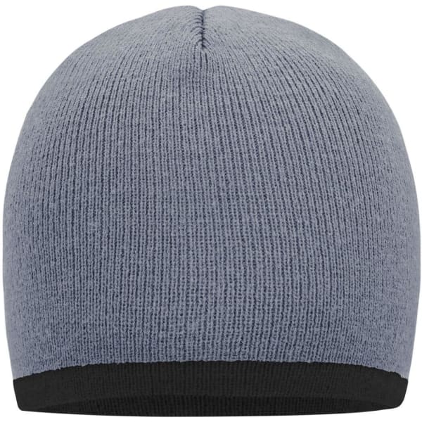 A beanie featuring a grey body and a black contrasting edge, with a simple woven texture and no visible logos.