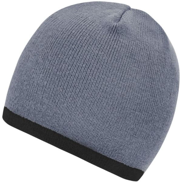 A beanie with a grey body and black contrast edge, featuring a simple, knitted design. It has a logo.