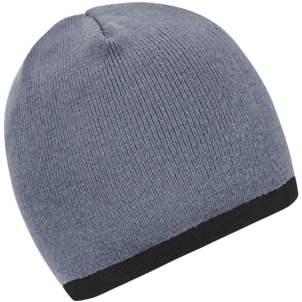 A beanie with a grey body and a contrasting black edge, featuring a small logo on the side.