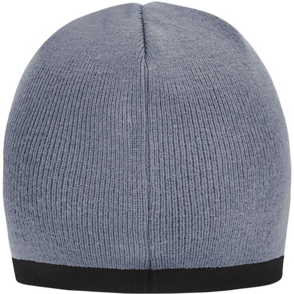 A grey beanie with a contrasting black edge and a ribbed texture. It has a logo on the band.