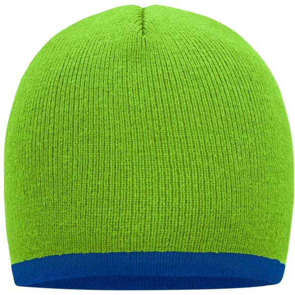 A beanie in bright green with a contrasting blue edge, featuring a logo on the side.