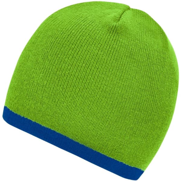 A green beanie with a blue contrast edge, featuring a knitted texture and a rounded top.