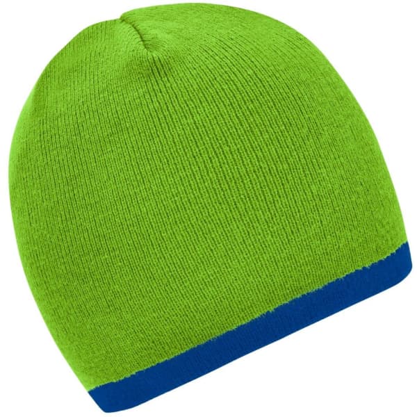 A beanie in bright green with a blue contrast edge, featuring a simple design and a logo.