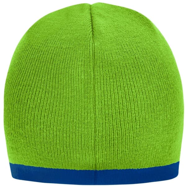 A green beanie with a blue contrast edge, featuring a ribbed texture and a simple design. It has a logo.