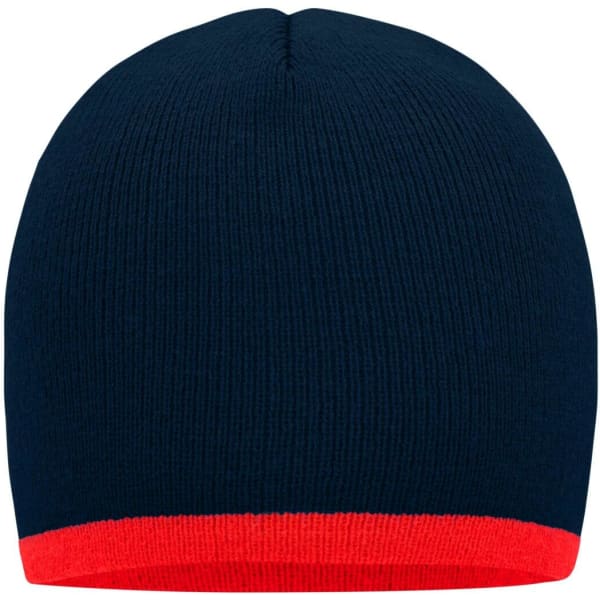 A beanie featuring a navy design with a contrasting red edge. It has a simple and minimalist style with no visible branding.