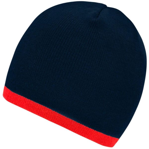 A navy beanie with a contrasting red edge and a simple design. It includes a branding logo.