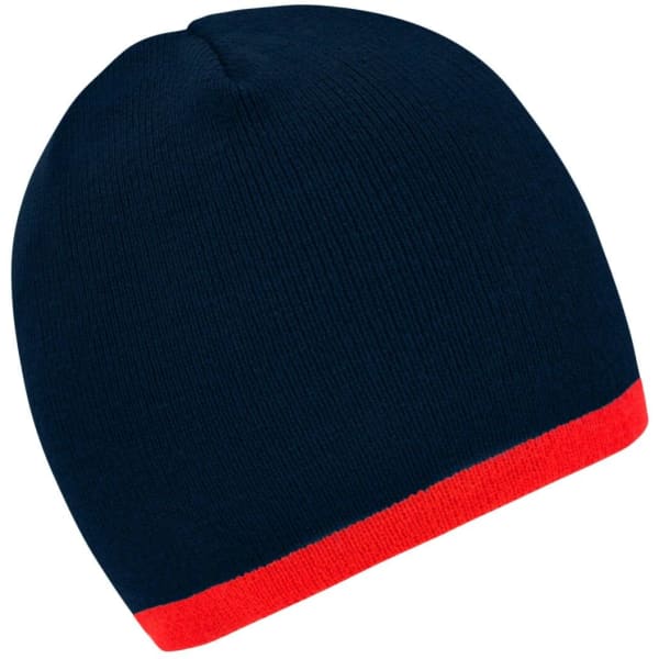 A navy beanie with a contrasting red edge and a small logo.