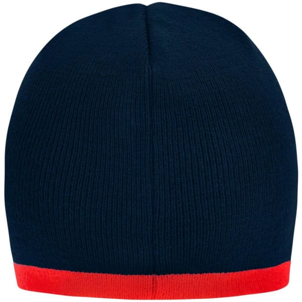 A navy beanie with a contrasting red edge, featuring a brand logo on the side.