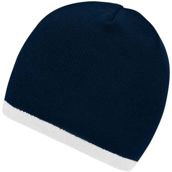 A navy beanie with a white contrast edge and a seamless design. It features a small logo on the side.