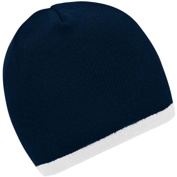 A navy beanie with a white contrast edge, featuring a logo on the side.