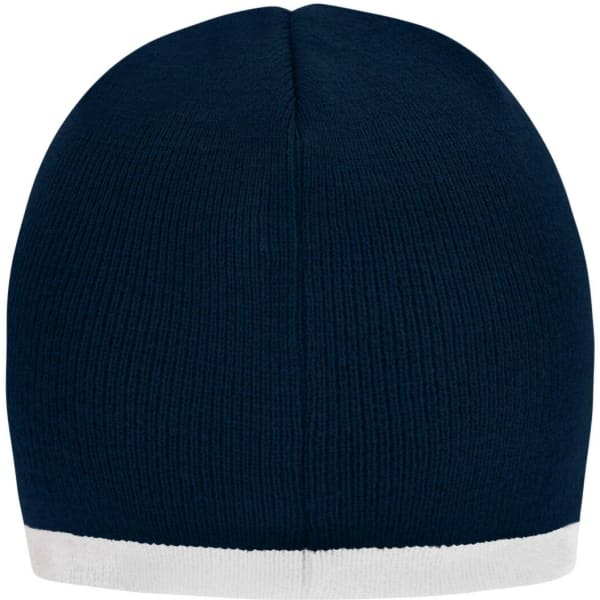 A navy beanie with a white contrast edge, featuring a logo on the side.