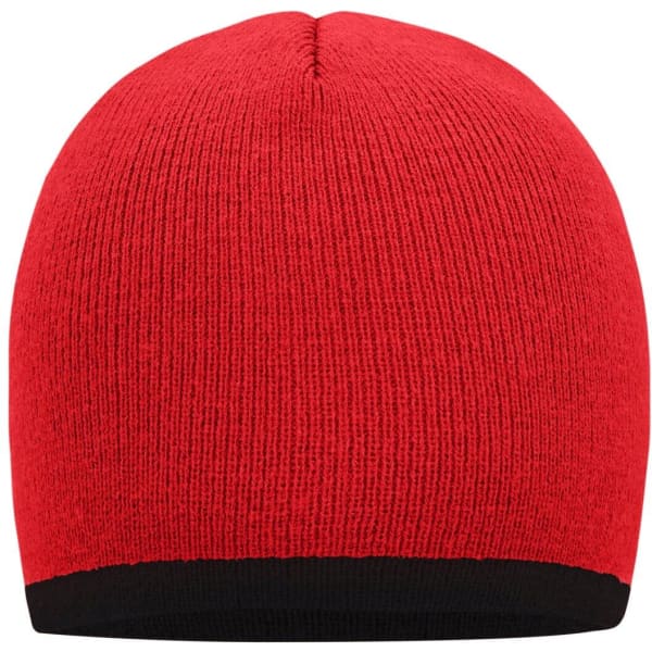 A red beanie with a black contrast edge, featuring a textured knit design and a rounded top.