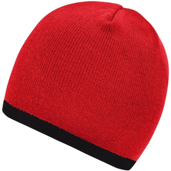 A red beanie with a black contrast edge, featuring a simple knitted design. It has a small logo.