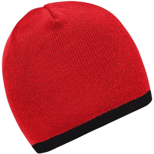 A red beanie with a black contrast edge, featuring a logo.