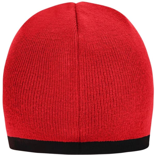 A red beanie with a black contrast edge, featuring a simple design and no visible branding.